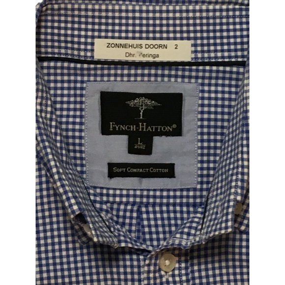 Fynch Hatton Mens Button Down Shirt Blue Checkered Compact Cotton Sz L 41/42 euc - Picture 3 of 5